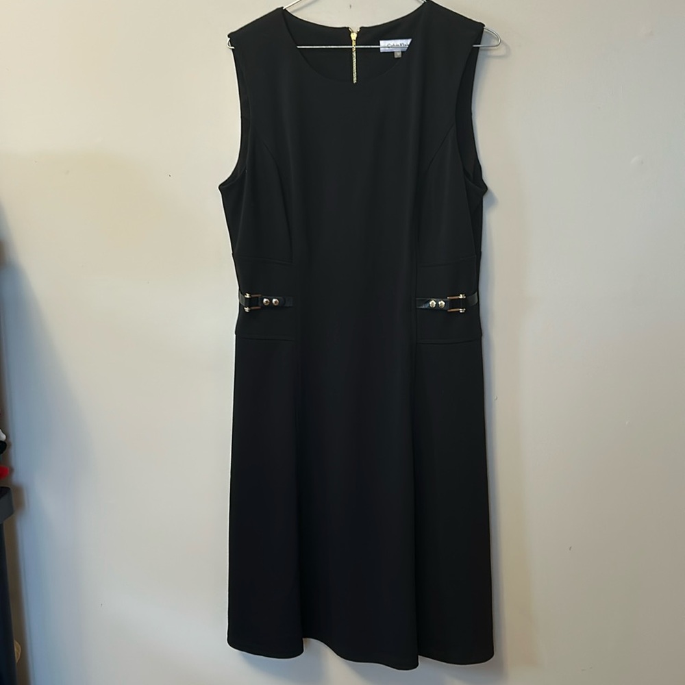 Calvin Klein little black dress sleeveless buckle trim rounded neck size 12